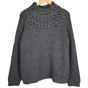 Cliche Women XL Gray Beaded Embellished Mock Neck Wool Blend Chunky Knit Sweater